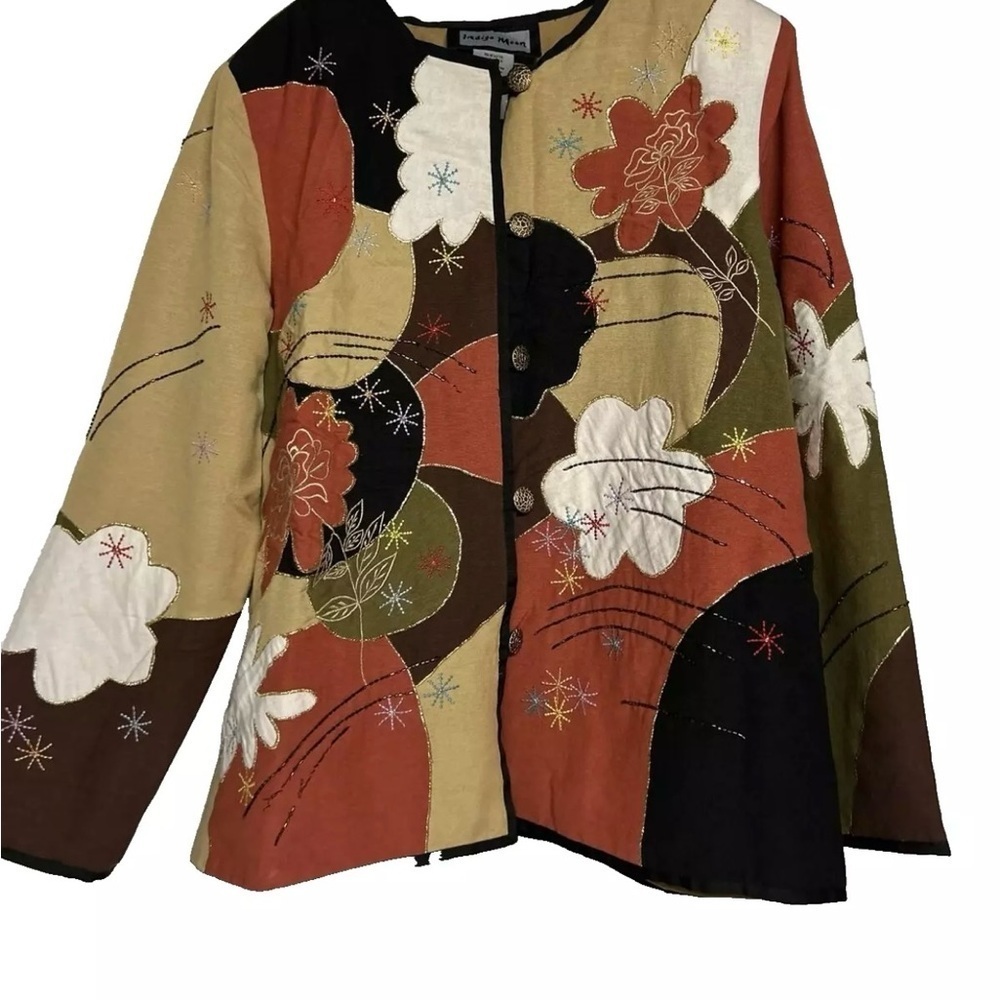 Indigo Moon Jacket Button Front Top Womens XL Multicolor Pattern Flower Flawed